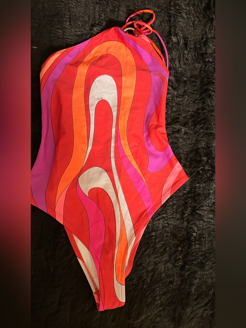 Authentic Pucci One-Piece Swimsuit in Red, Pink & Orange - Vibrant Wave Print